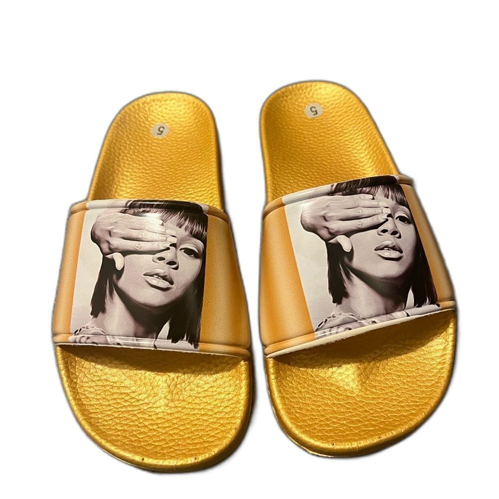 NEW Gold Slide Sandals with Graphic Print - Picture 1 of 3